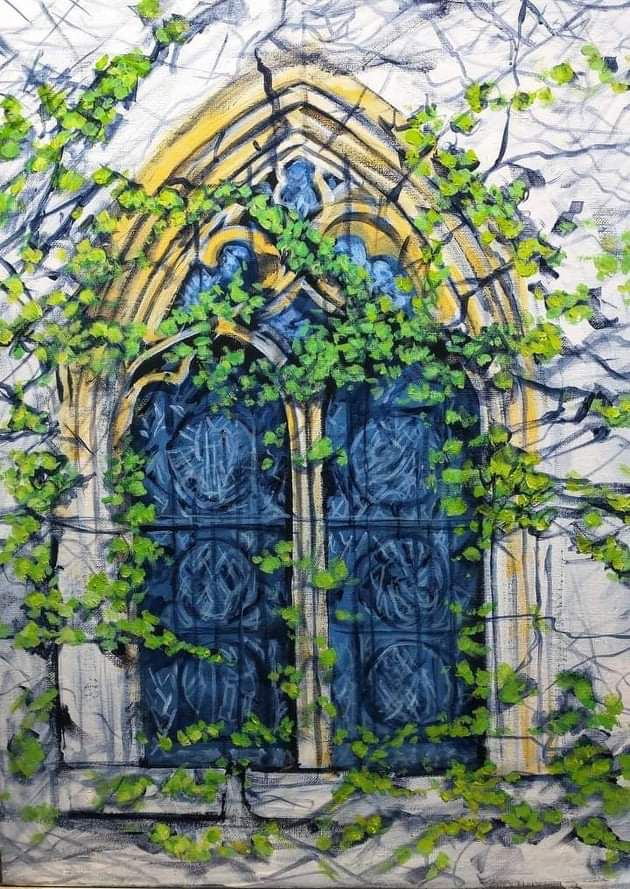 Town of Oakland, Places of Worship. Blue, green and white stained glass window